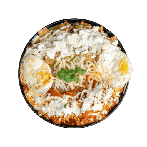 Green & Red chilaquiles with crispy tortilla chips, fresh cheese, and cream.